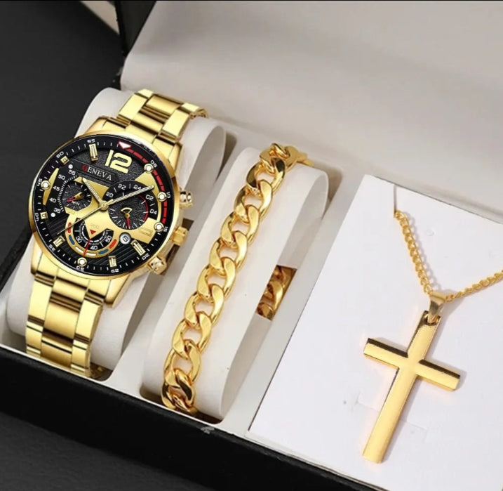 Luxury Men's Business Watch Set – Stainless Steel Calendar Watch with Cross Bracelet for Formal & Casual Style