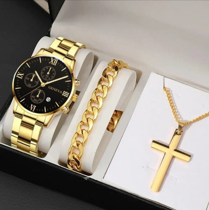 Luxury Men's Business Watch Set – Stainless Steel Calendar Watch with Cross Bracelet for Formal & Casual Style